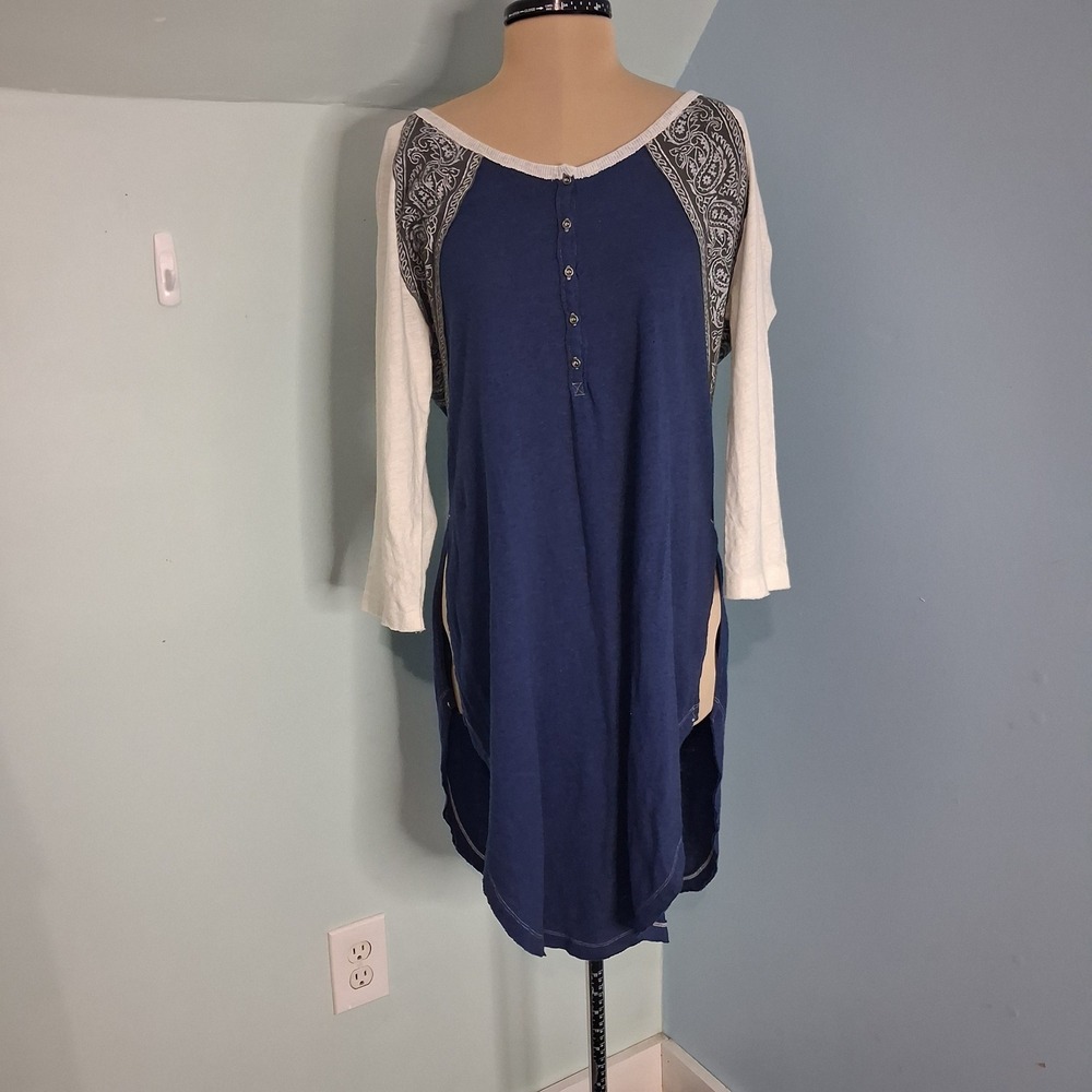 We The Free Free People Blue Linen Blend Crochet Back Henley Tunic Top XS